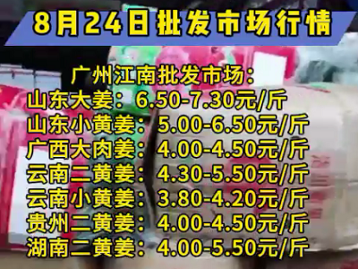 8月24日廣州江南批發(fā)市場(chǎng)生姜價(jià)格行情 (285播放)